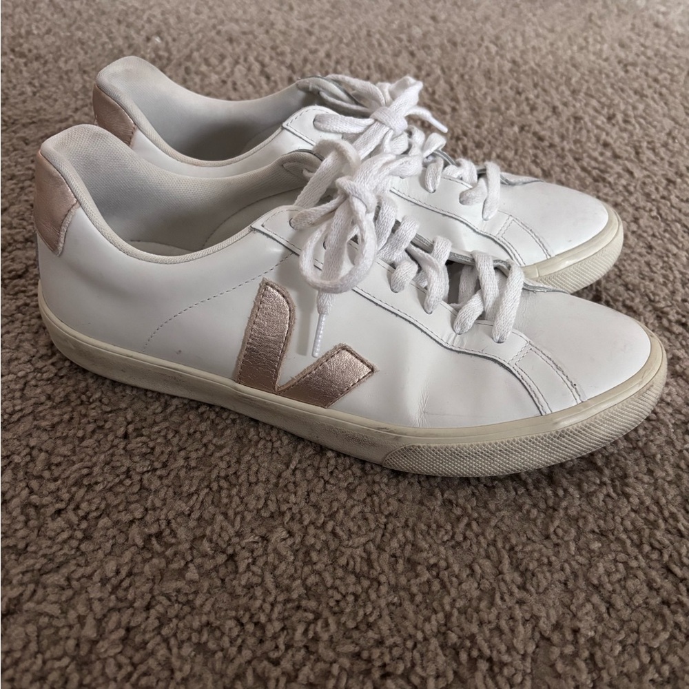 Worn Veja Women's White and Gold Sneakers - Picture 3 of 6